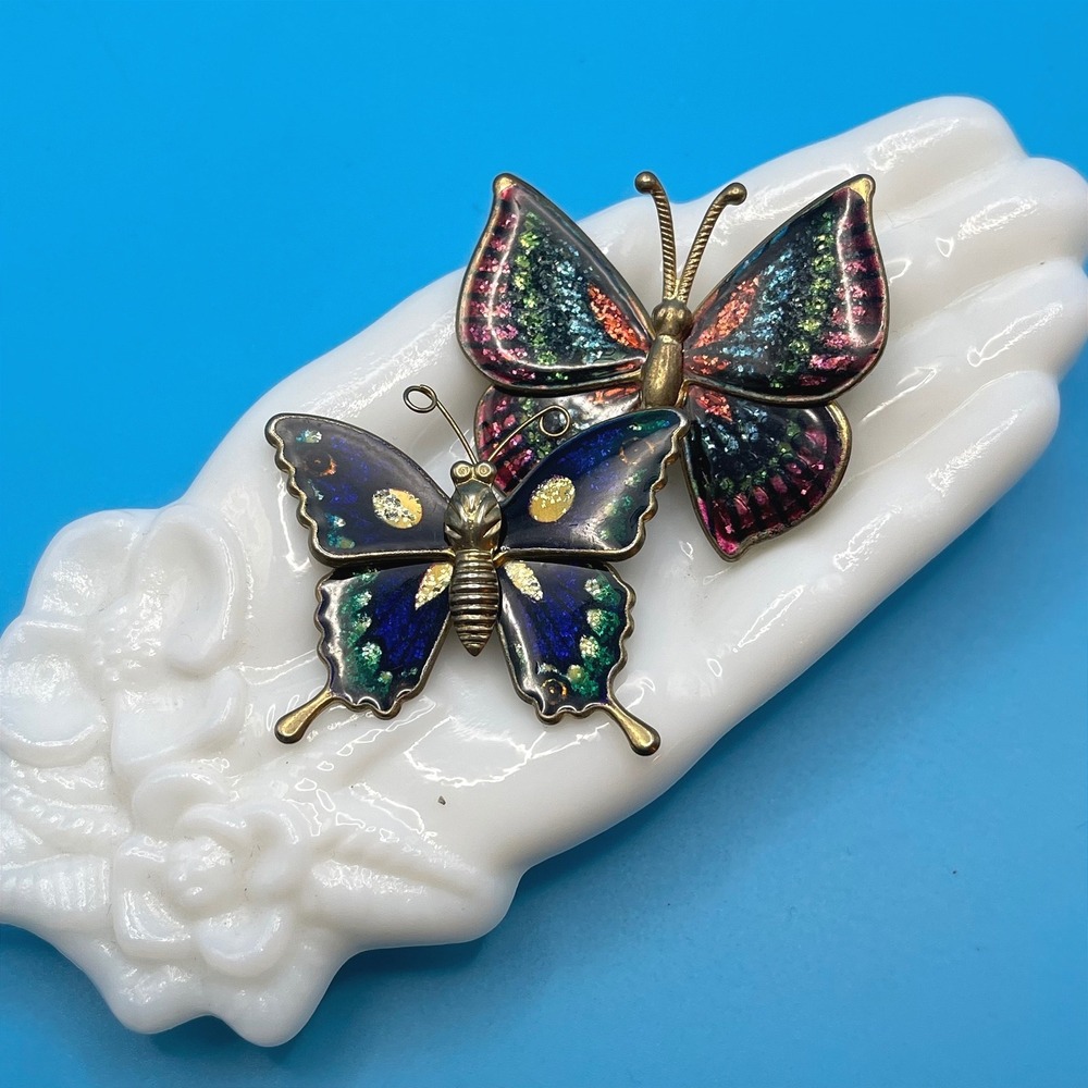 Butterfly Brooch Pin Set Multicolor Enamel Glitter Gold Tone Vintage 2pc 80s 90s
